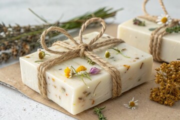 Handmade Natural Soap With Flowers and Herbs Tied With Twine