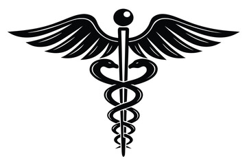 Black and White Caduceus Symbol with Snakes and Wings Represents Healthcare and Medicine Standing Out on a Clean White Background