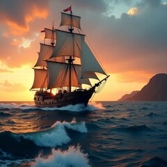Fototapeta premium sailing ship in the sunset