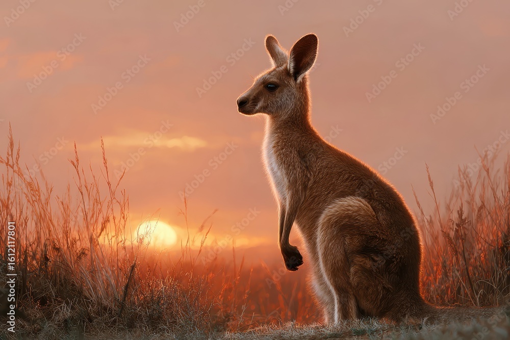 Poster kangaroo standing quietly in an open field under a stunning golden sunset with soft grass swaying ge