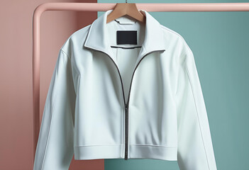 Plain White Cropped Jacket on Hanger with Zipper Detail and Pastel Teal Background – Flat Lay Front and Close View