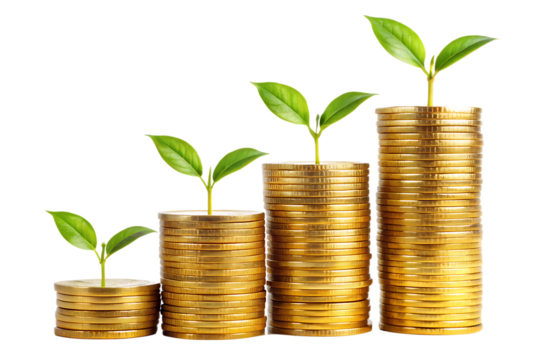 Growing Money Plants on Stacks of Coins on transparent background
