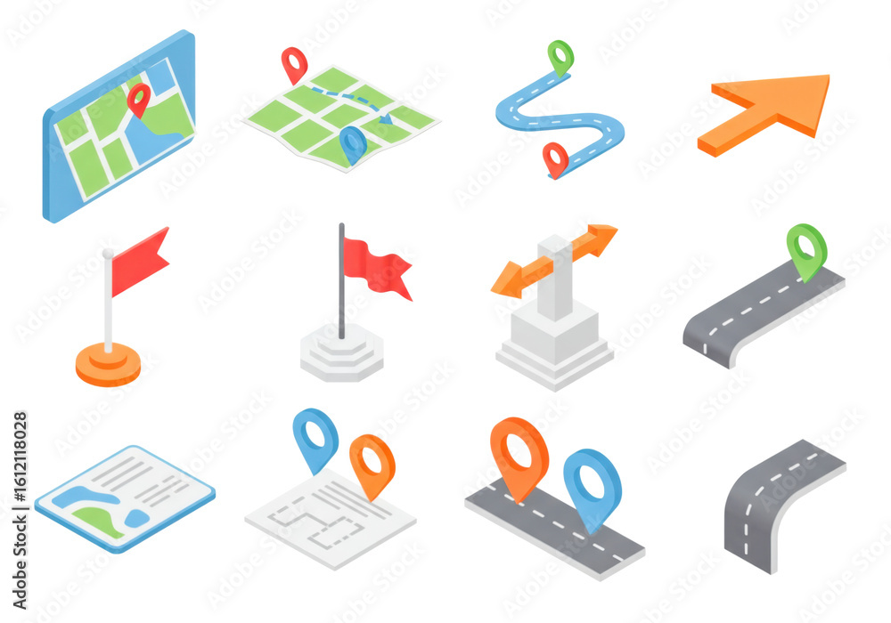 Poster 3d map and navigation icons set isolated on transparent background
