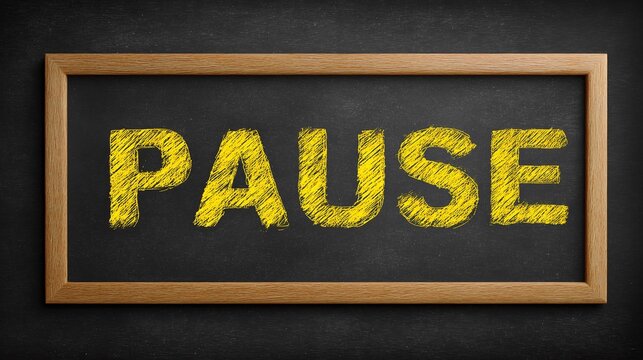 A chalkboard with the word "PAUSE" written in yellow chalk. Sign encouraging rest. Simple message about relaxation. Break time reminder.
