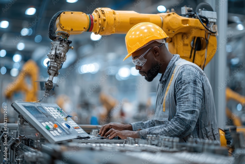 Poster robotics control engineers work together to program automated systems in a modern manufacturing faci
