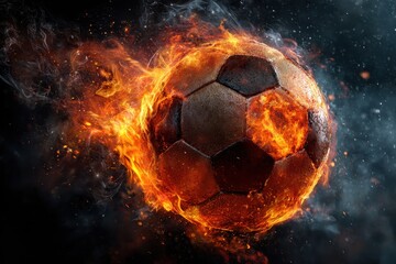 Fototapeta premium Fiery soccer ball surrounded by ice and explosion effects creates a stunning background for sports enthusiasts and gamers in an electrifying display of color and motion