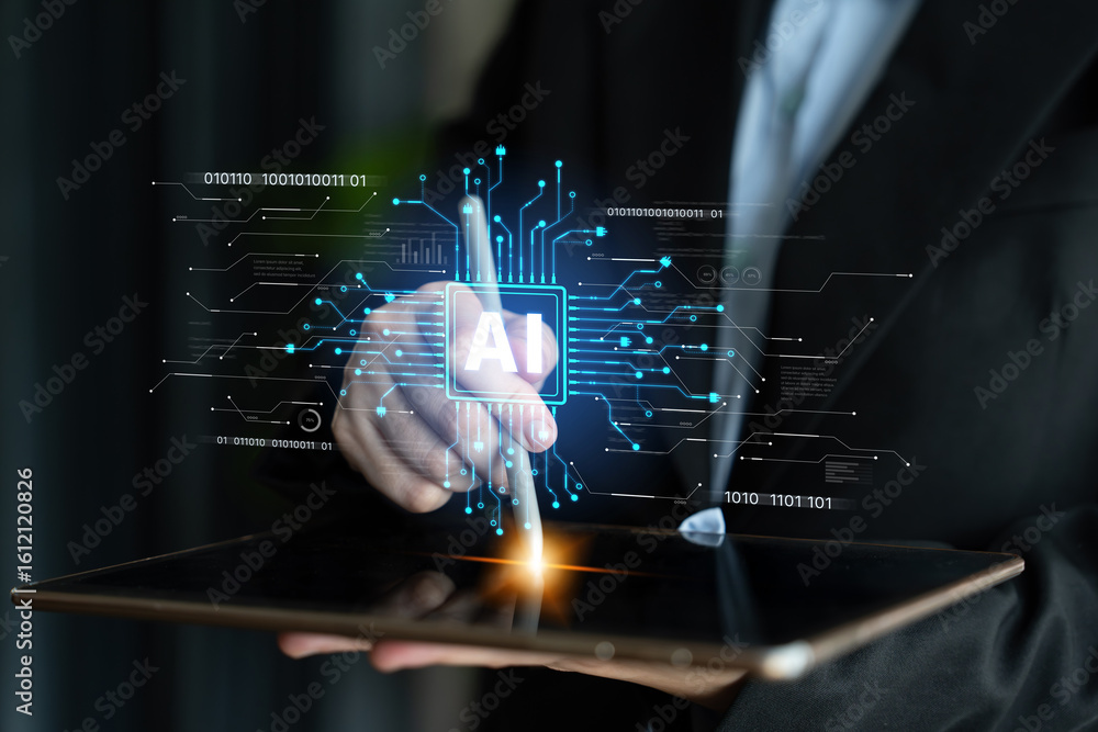 Poster ai assistant brain processor with llm technology, big data, machine learning, generative ai for busi