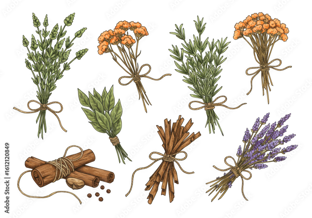 Poster botanical elements set isolated on transparent background