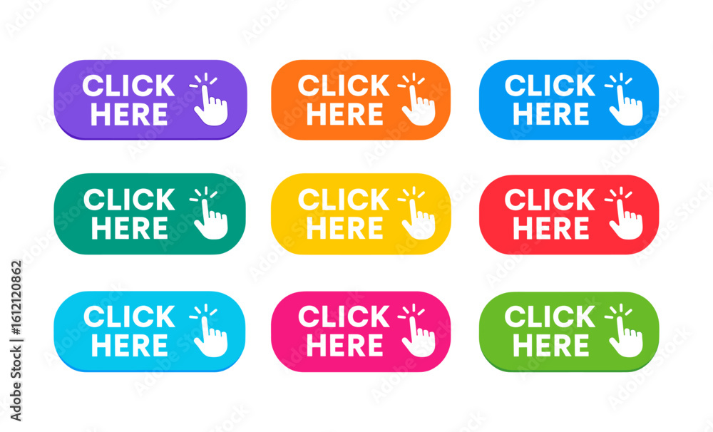 Poster colorful click here button set with hand cursor in modern design