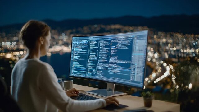 A software engineer debugs code on an ultrawide screen in a sleek, dark mode setup, with a coffee mug nearby, amidst a quiet team environment.