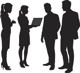 Business team meeting silhouette, corporate discussion, teamwork presentation with laptop, professional colleagues talking, workplace communication concept, vector illustration