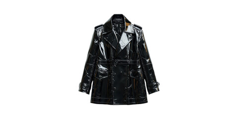 Naklejka premium Black Patent Leather Trench Coat. Fashionable Outerwear For Stylish Looks Isolated On Transparent Background