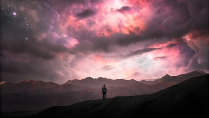 Fototapeta premium Silhouette of Man Gazing at Surreal Pink and Purple Galaxy Sky over Mountains