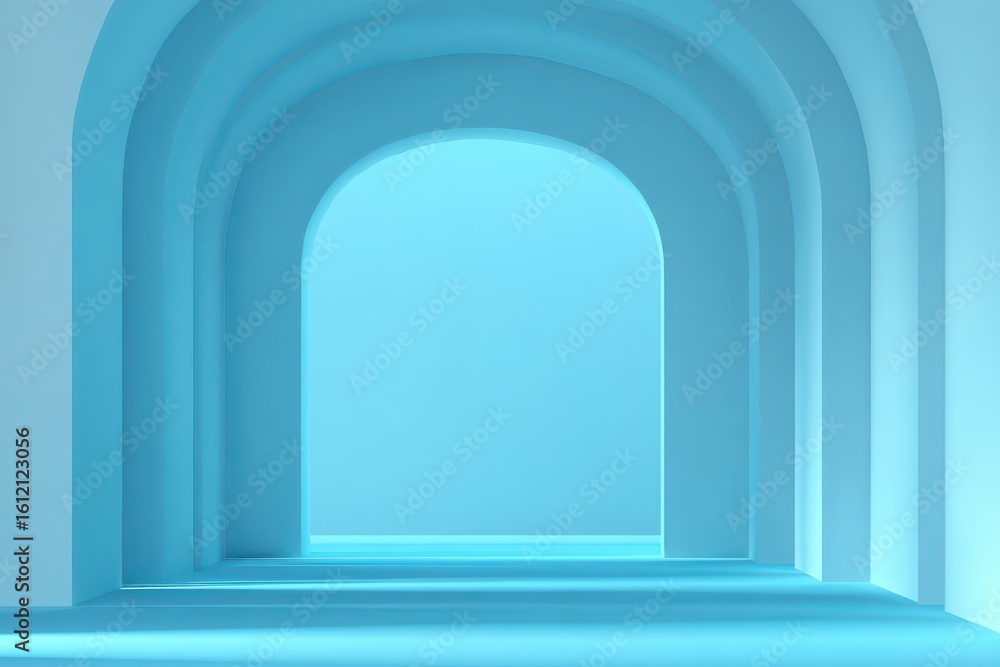Poster exploring the serene beauty of an architectural space with light blue arches creating a tranquil atm