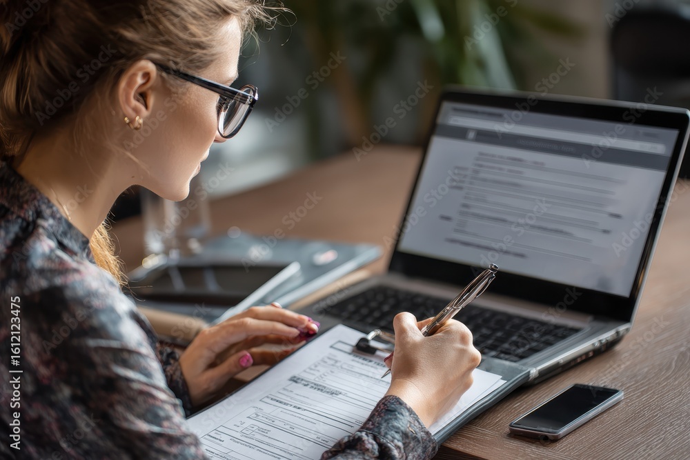 Poster completing an online survey registration at a modern workspace during the day with focus on the scre