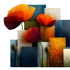 Surreal botanical architecture combining vibrant textured flowers and cuboid buildings in a vibrant imaginary urban landscape filled with color and creativity on a transparent background