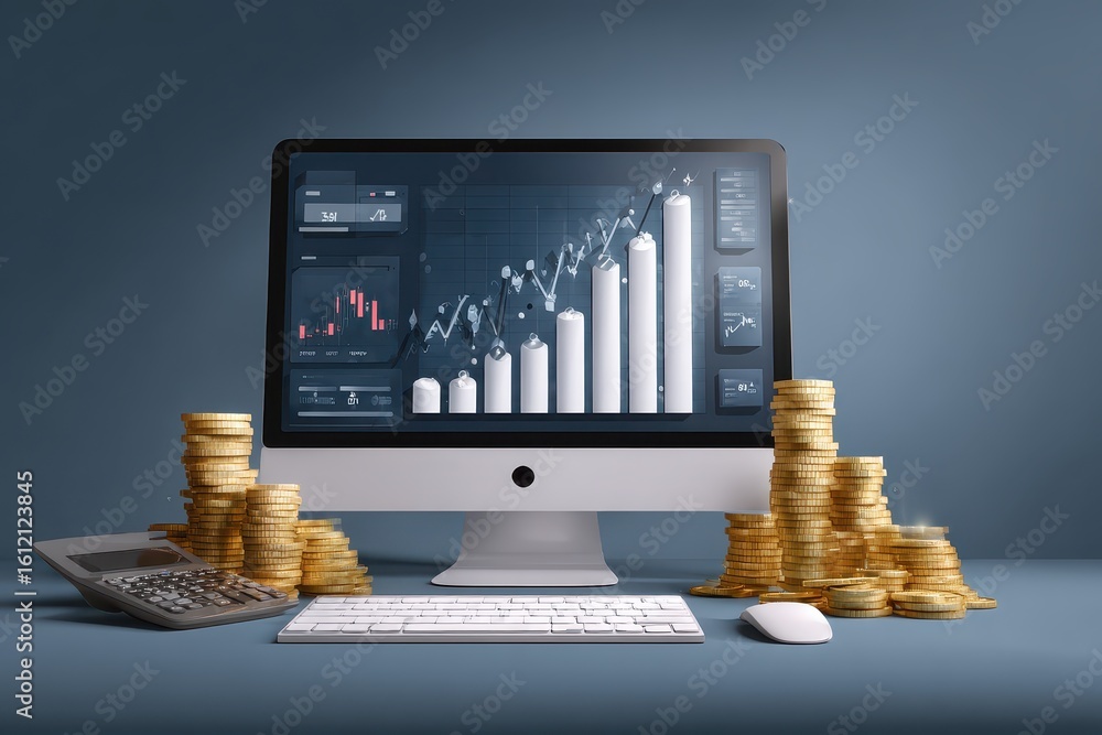 Poster insights into forex statistics displayed on a dashboard monitor surrounded by stacks of coins and a 