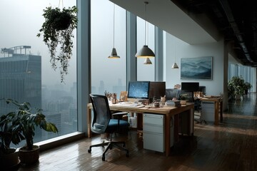 Fototapeta premium Modern office workspace overlooking Beijing skyline with large windows and greenery creating a productive atmosphere