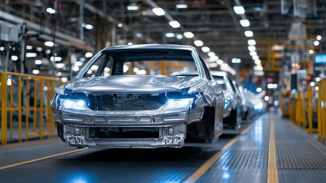 Aluminum and steel car frames await processing on a parallel assembly line under LED factory lights.