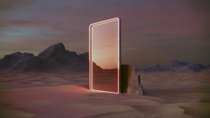 Rectangular portal with neon light in desert landscape