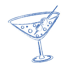 Cocktail bar icon. Hand-drawn vector sketch of a martini drink for a bar, pub, or lounge logo. Simple happy hour beverage illustration with olives.
