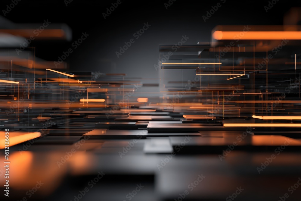 Poster futuristic techscape with abstract orange metallic design showcasing advanced architecture and dynam
