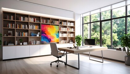Modern home office with large colorful artwork