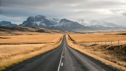 The endless road stretches across a wide golden landscape, leading to imposing snow covered peaks beneath a bright cloudy horizon.