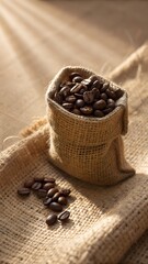 Dark roasted coffee beans fill a small rustic burlap bag with some scattered nearby on the natural fabric under warm sunlight.
