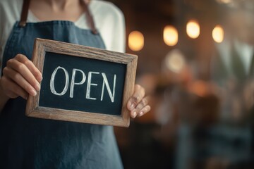 Hand of Asian staff woman in apron holding open sign in cafe during busy morning hours to welcome customers inside for a delightful dining experience