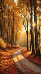 A beautiful autumn forest path winds through tall trees, bathed in golden sunlight. Fallen leaves cover the ground, creating a vibrant natural scene.