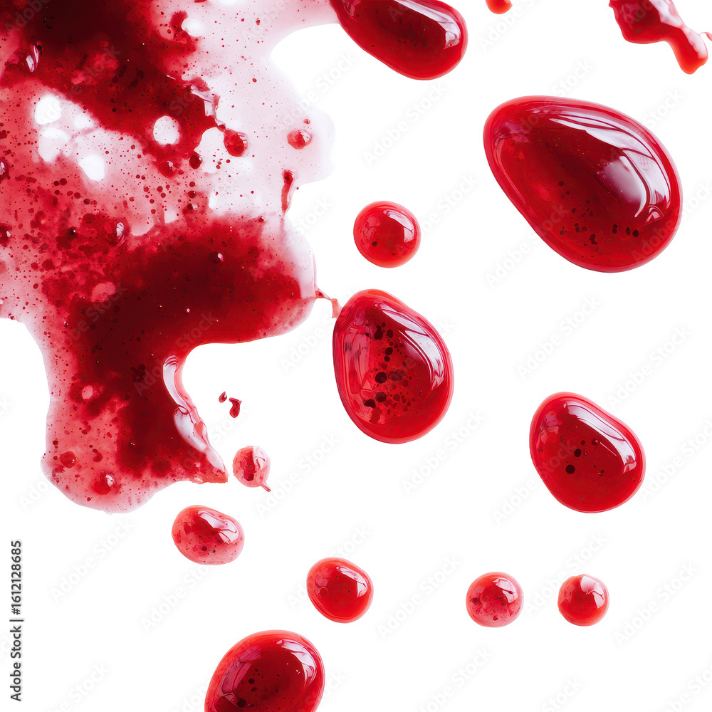 Poster red liquid droplets scattered on a white surface creating an abstract pattern that evokes emotion an