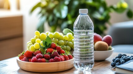 Fresh Fruits and Water Bottle on a Wooden Table in Bright Room