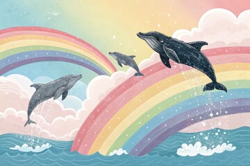 Whales and Dolphins Leaping Over Colorful Rainbows in a Serene Ocean Landscape