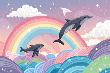 Dolphins Leap Gracefully Through Colorful Waves Under a Vibrant Rainbow Sky