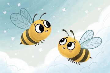 Cute Cartoon Bees Flying Among Fluffy Clouds in a Bright Sky
