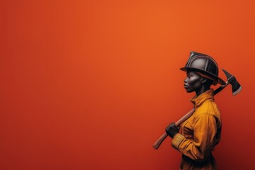 female firefighter in profile with helmet and axe on red background