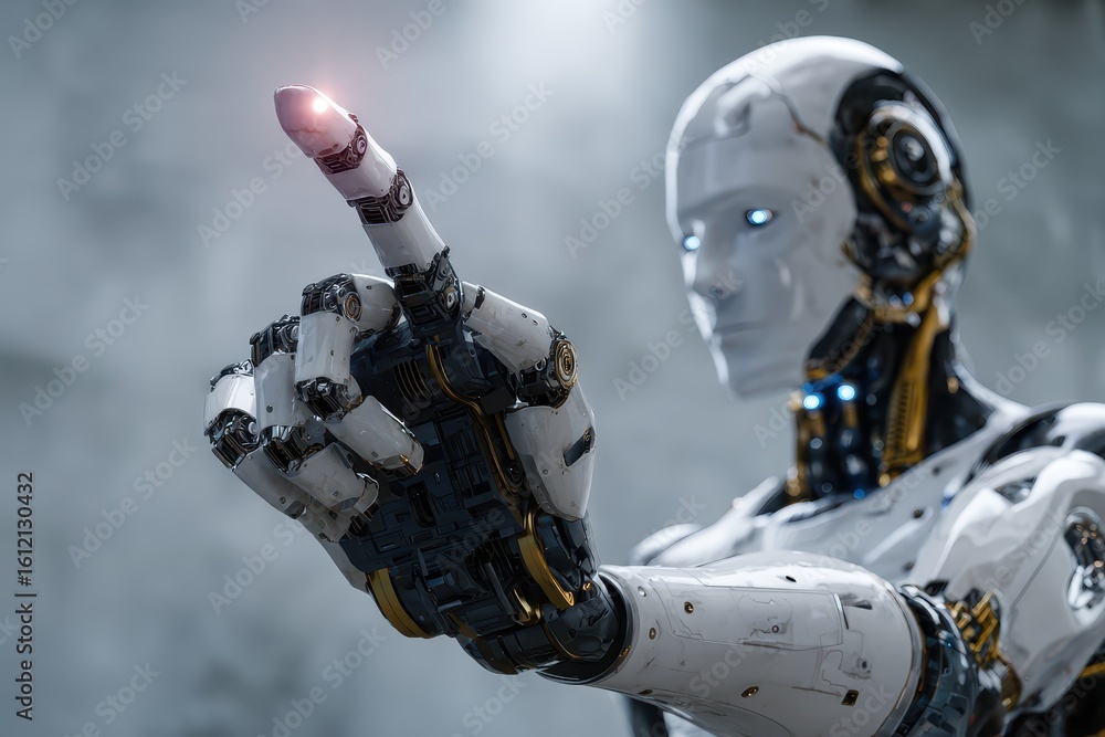 Poster artificial intelligence robot hand pointing towards an unseen object in a futuristic setting, emphas