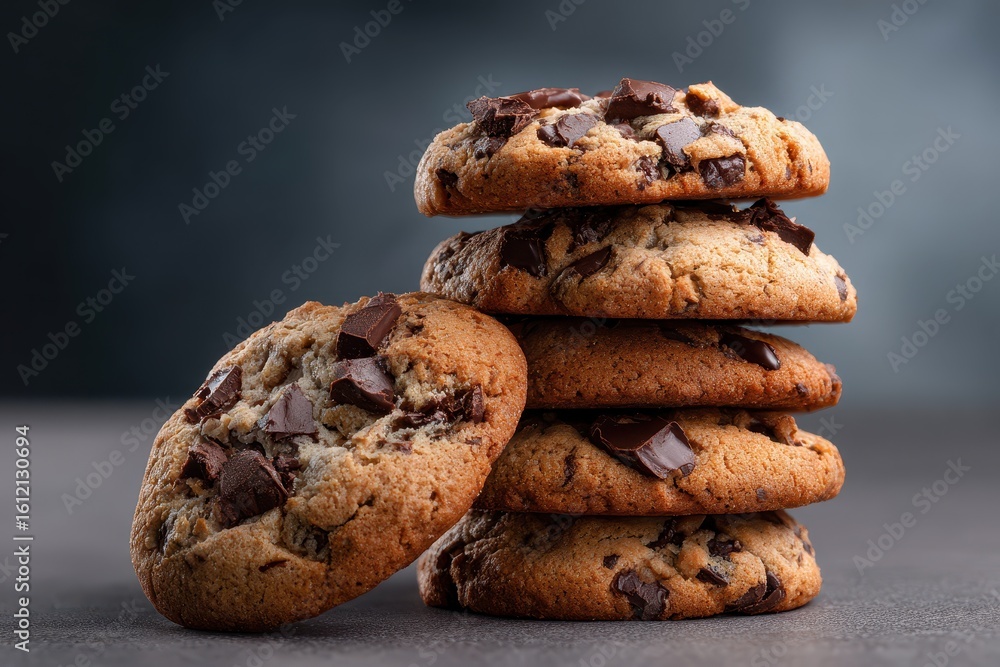 Poster deliciously stacked homemade chocolate cookies creating a tempting display on a textured gray backgr