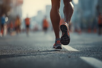 Marathon runner training on city street during a sunny day showcasing determination and athleticism in urban environment