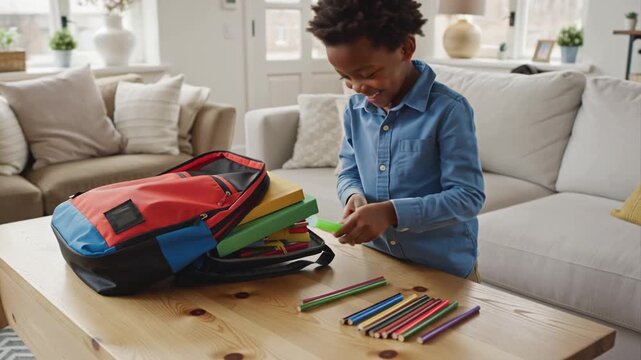positive African American boy with school backpack at home