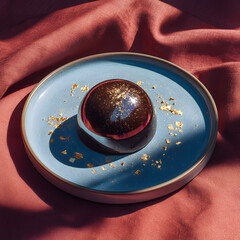 Luxurious Chocolate Hemisphere Dessert with Gold Flakes on Blue Plate