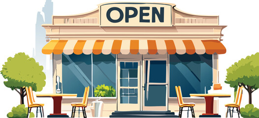 Urban Café Storefront with Outdoor Seating and Open Sign