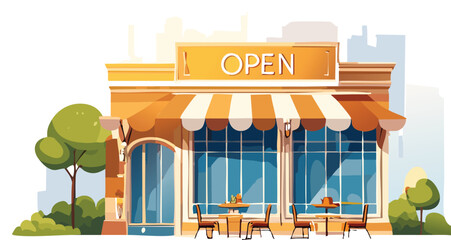Urban Café Storefront with Outdoor Seating and Open Sign