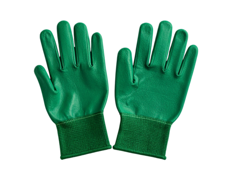 Gardening cloth green safety gloves, top view isolated on white background. Gardening tool equipment. Spring concept for home gardening or vegetable garden and plant care.