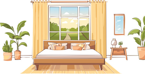 Tranquil Bedroom with Open Window and Flowing Curtains