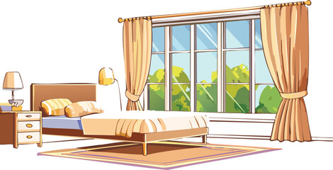 Tranquil Bedroom with Open Window and Flowing Curtains