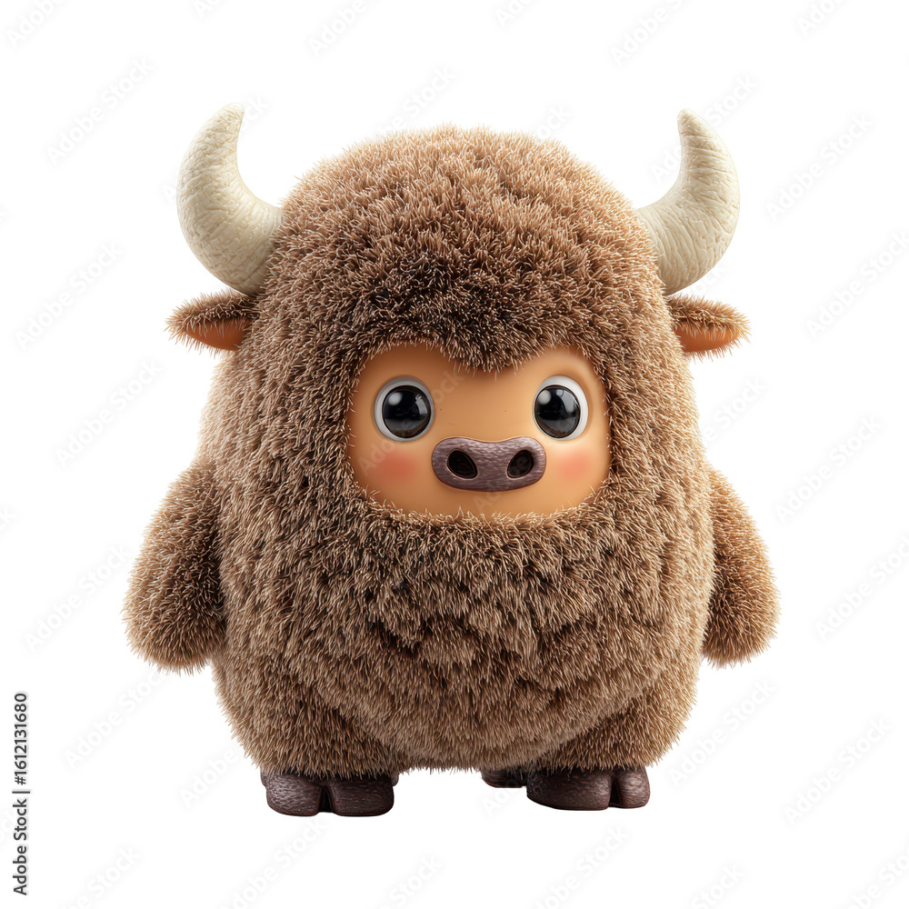 Poster cute fluffy creature resembling a bison stands in a playful pose in an animated setting