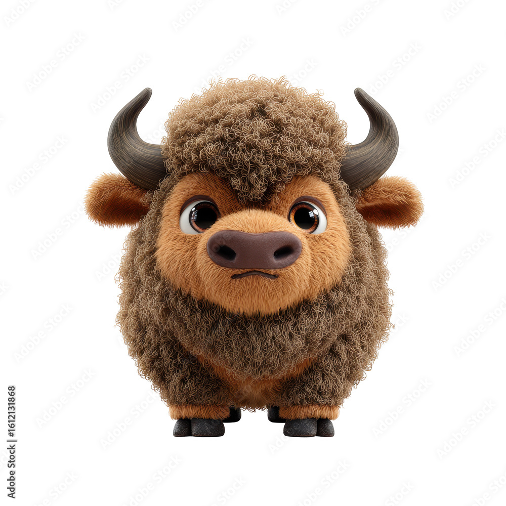 Poster cute cartoon bison character standing against a plain background with a friendly expression