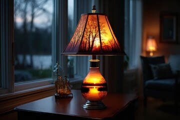 Sunset lampshade illuminates cozy room with tranquil ambiance, reflecting serene natural beauty through window at dusk